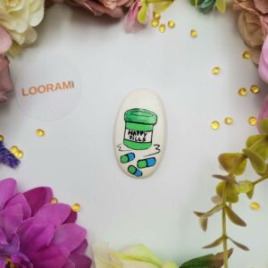 Brosa martisor handmade HAPPY PILLS verde albastru - lucrata manual portelan artizanal